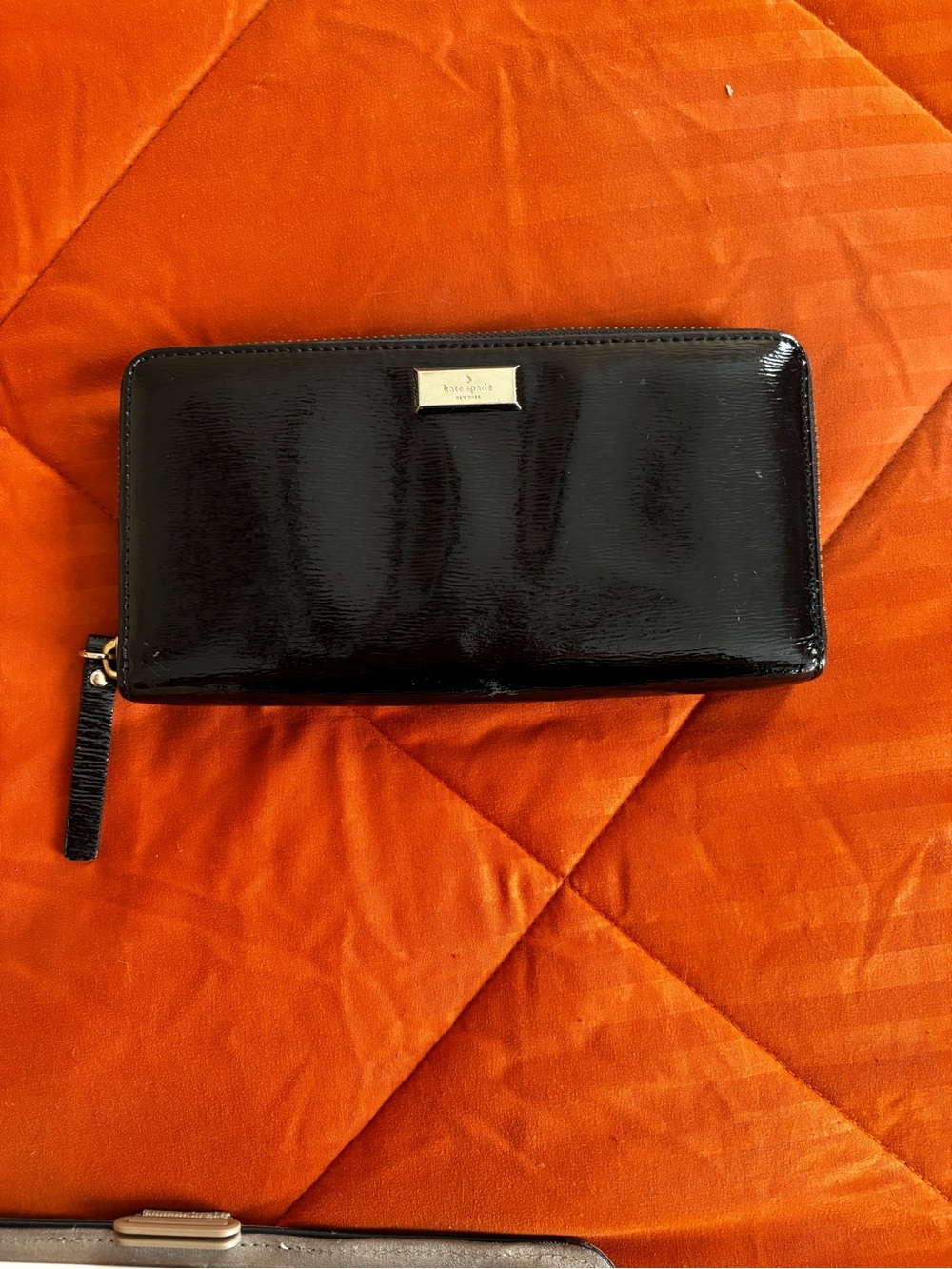 kate spade Black Patent Zip-Around Wallet with Gold Plaque